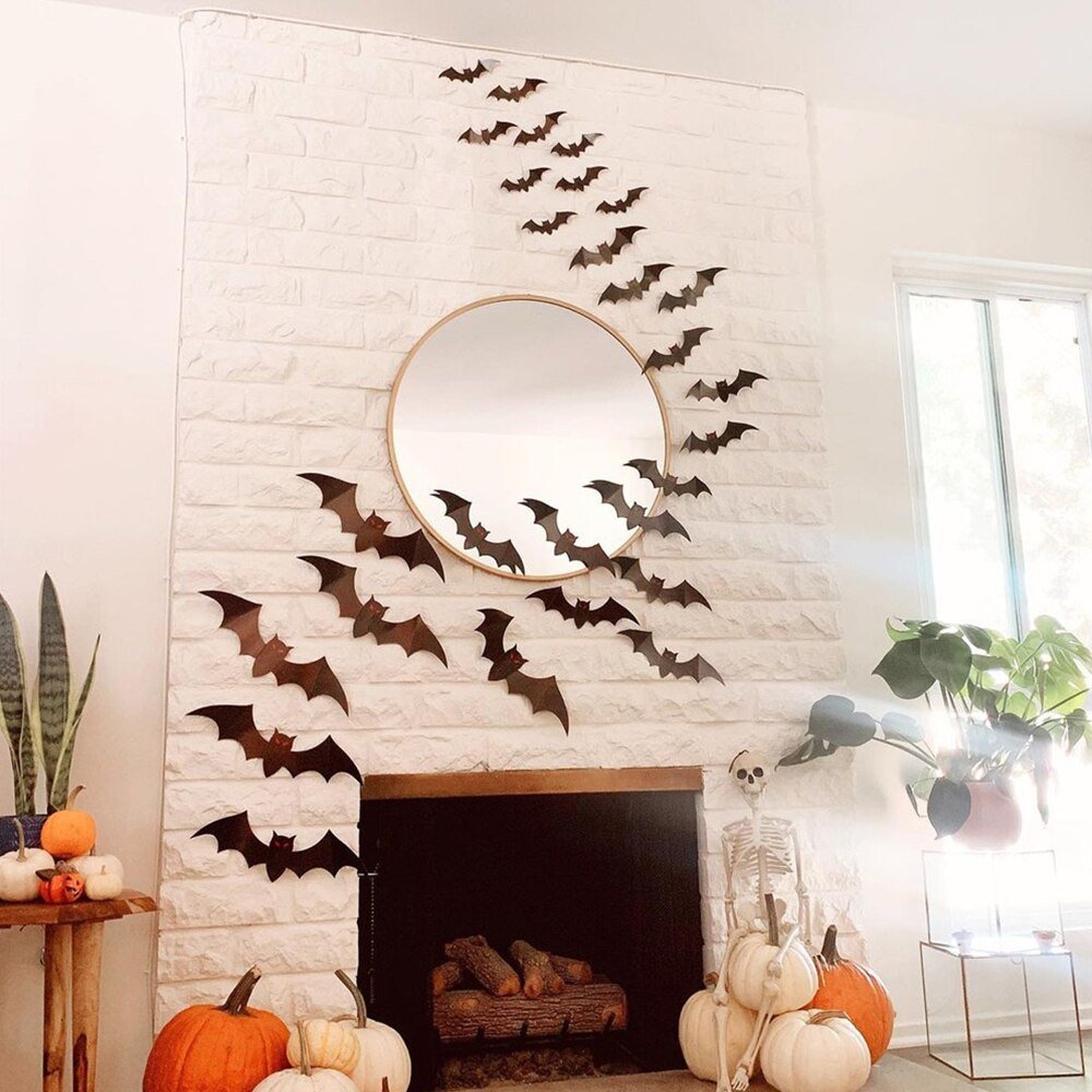 Black Halloween Bat Wall Decal Decor (Set of 12) - Ellie's Party Supply