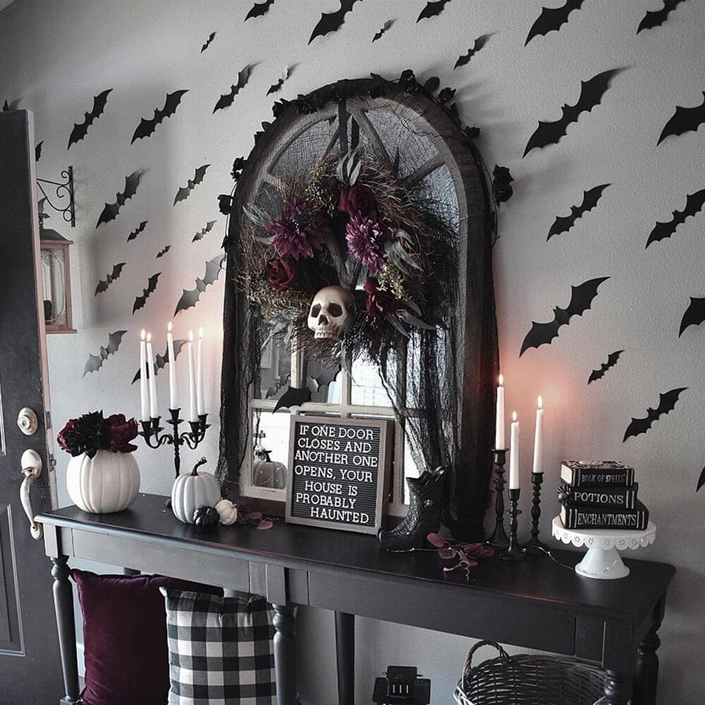 Black Halloween Bat Wall Decal Decor (Set of 12) - Ellie's Party Supply