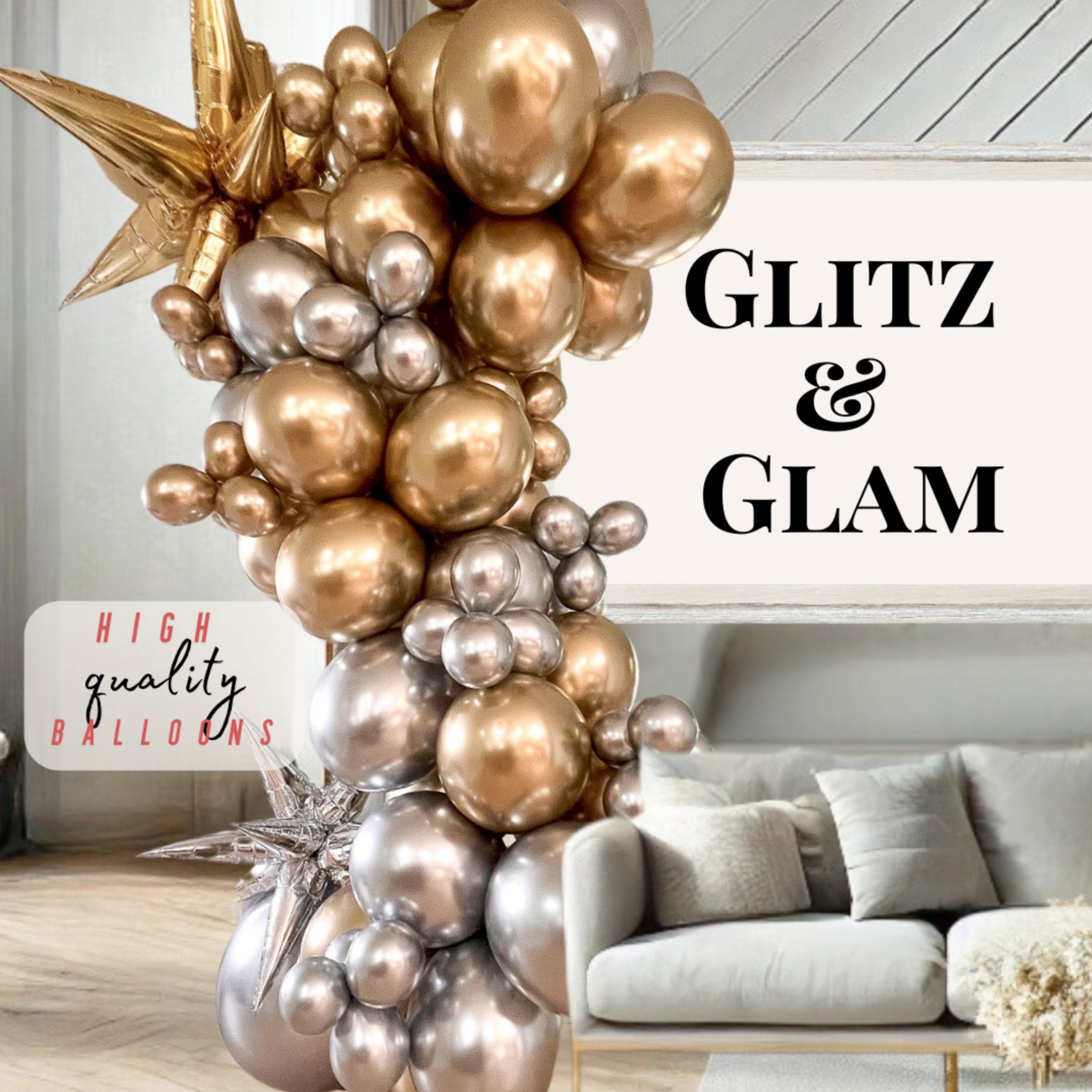 Glitz and Glam - Gold & Silver Balloon Arch Kit - 8 ft. Balloon Garland Kit - Ellie's Party Supply