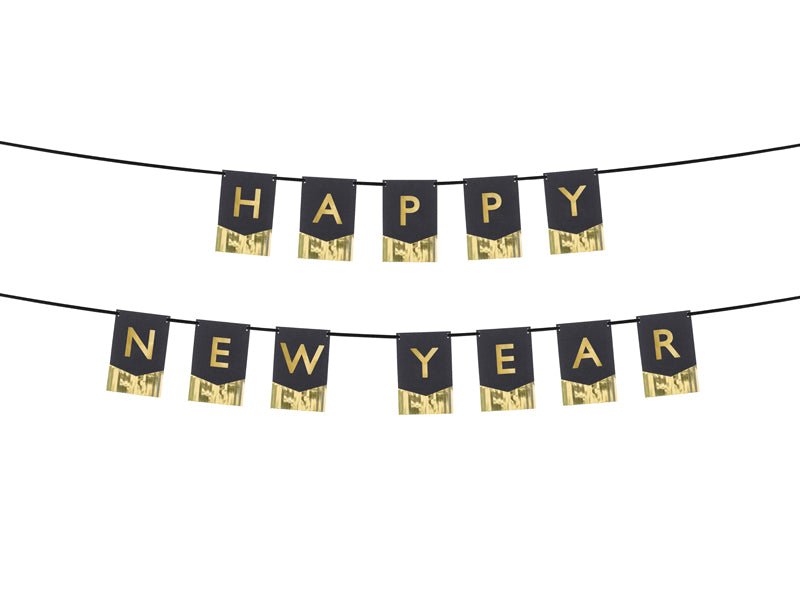 Happy New Year Banner - Black and Gold Foil Party Decoration | 53x6.5 Inches with Ribbon - Ellie's Party Supply