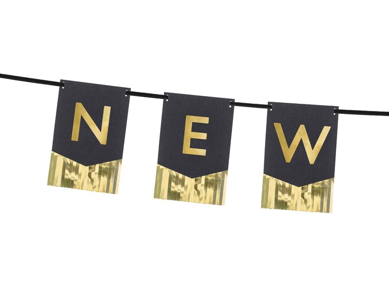 Happy New Year Banner - Black and Gold Foil Party Decoration | 53x6.5 Inches with Ribbon - Ellie's Party Supply