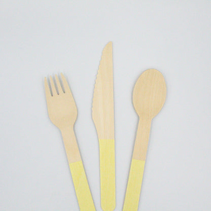 Pastel Yellow Wooden Utensils - Spoon, Fork, Knife (Set of 24) - Ellie's Party Supply