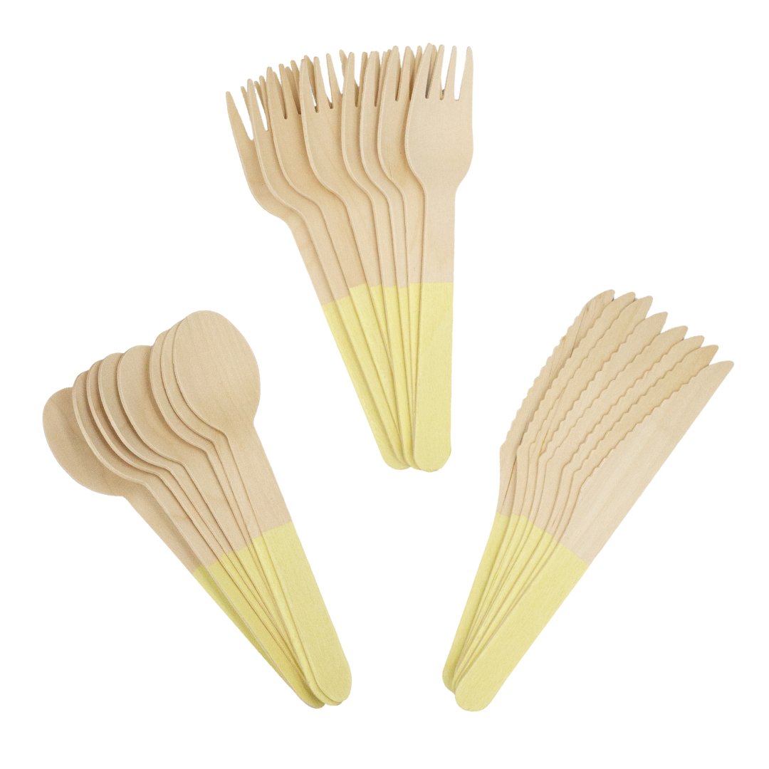 Pastel Yellow Wooden Utensils - Spoon, Fork, Knife (Set of 24) - Ellie's Party Supply