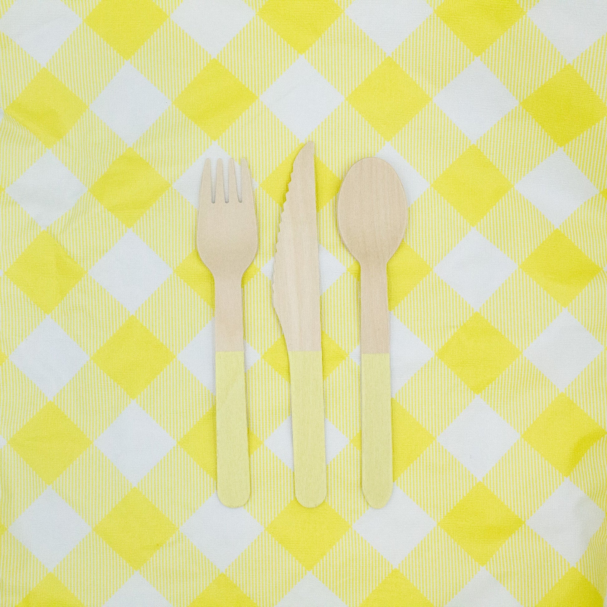 Pastel Yellow Wooden Utensils - Spoon, Fork, Knife (Set of 24) - Ellie's Party Supply