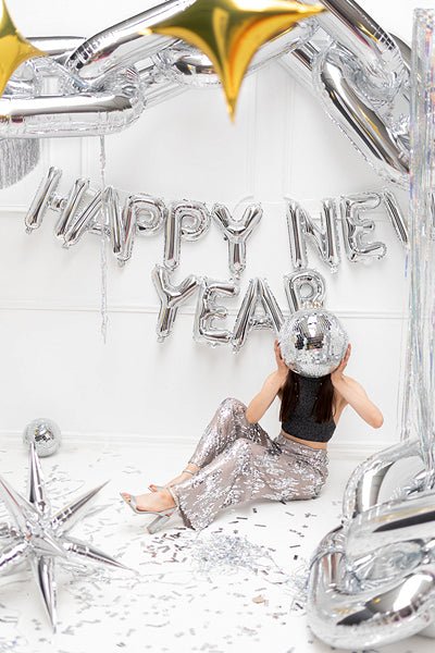 Silver Happy New Year Foil Balloon 422x46 cm (145.5x14") - Metallic Air Inflate Party Decoration with Straw & Ribbon - Ellie's Party Supply