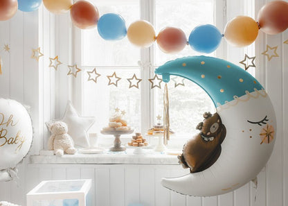 Teddy Bear on the Moon Foil Balloon - Light Blue & Gold Tassel | 28x34 Inches - Ellie's Party Supply