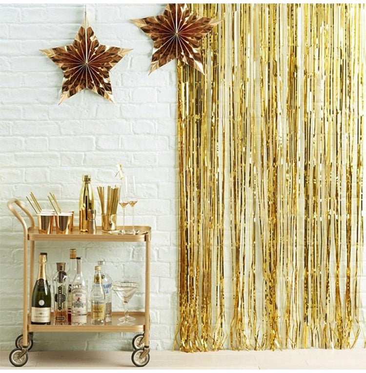 Gold Metallic Fringe Tinsel Curtain Backdrop - Ellie's Party Supply