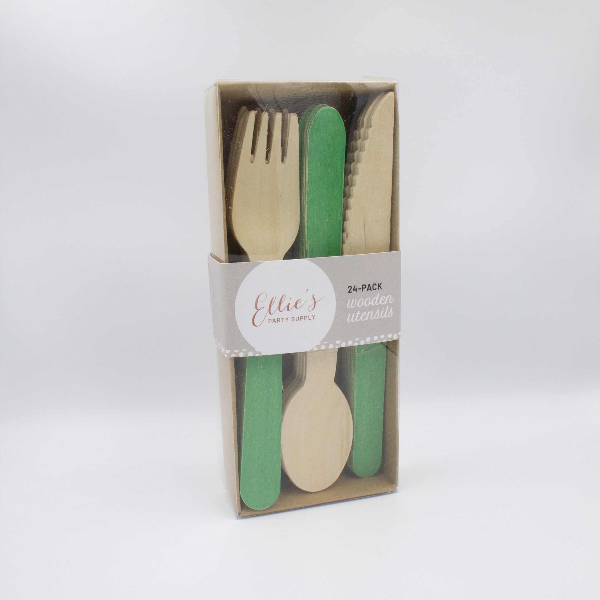 Green Wooden Utensils - Spoon, Fork, Knife (Set of 24) - Ellie's Party Supply