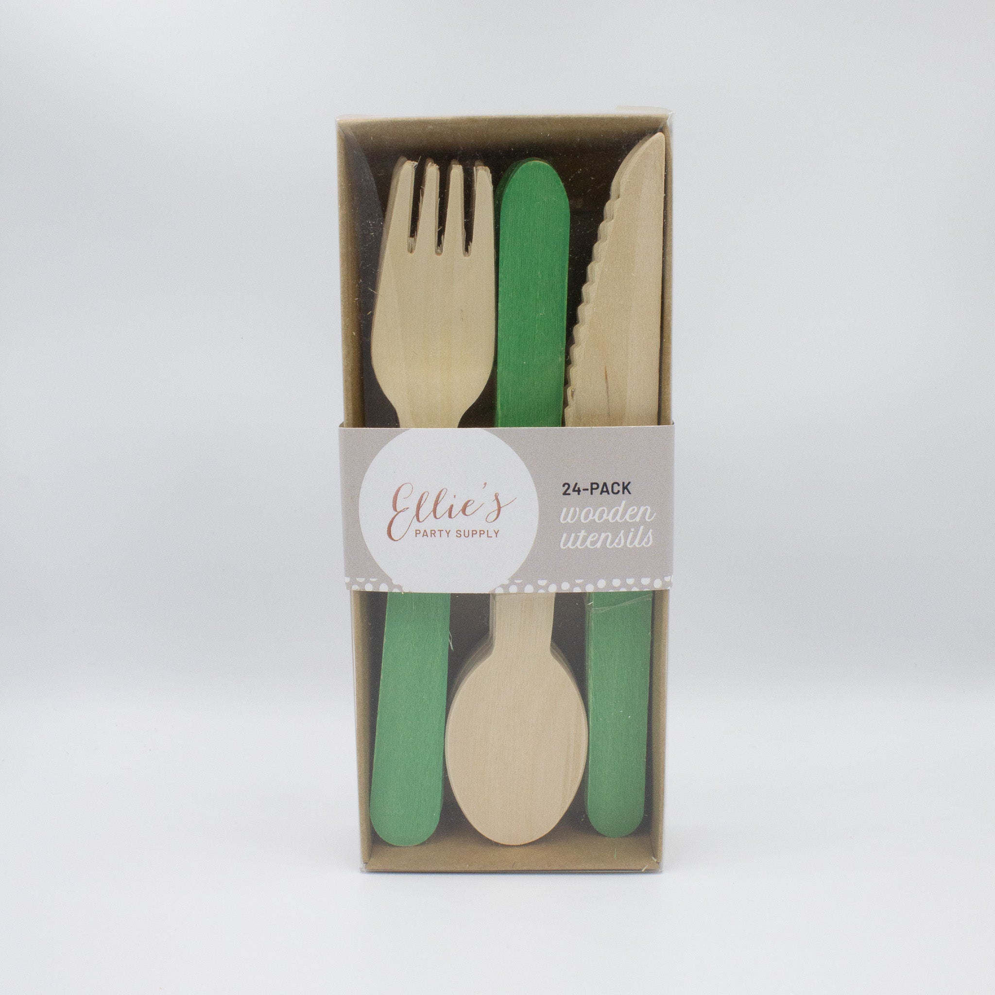 Green Wooden Utensils - Spoon, Fork, Knife (Set of 24) - Ellie's Party Supply