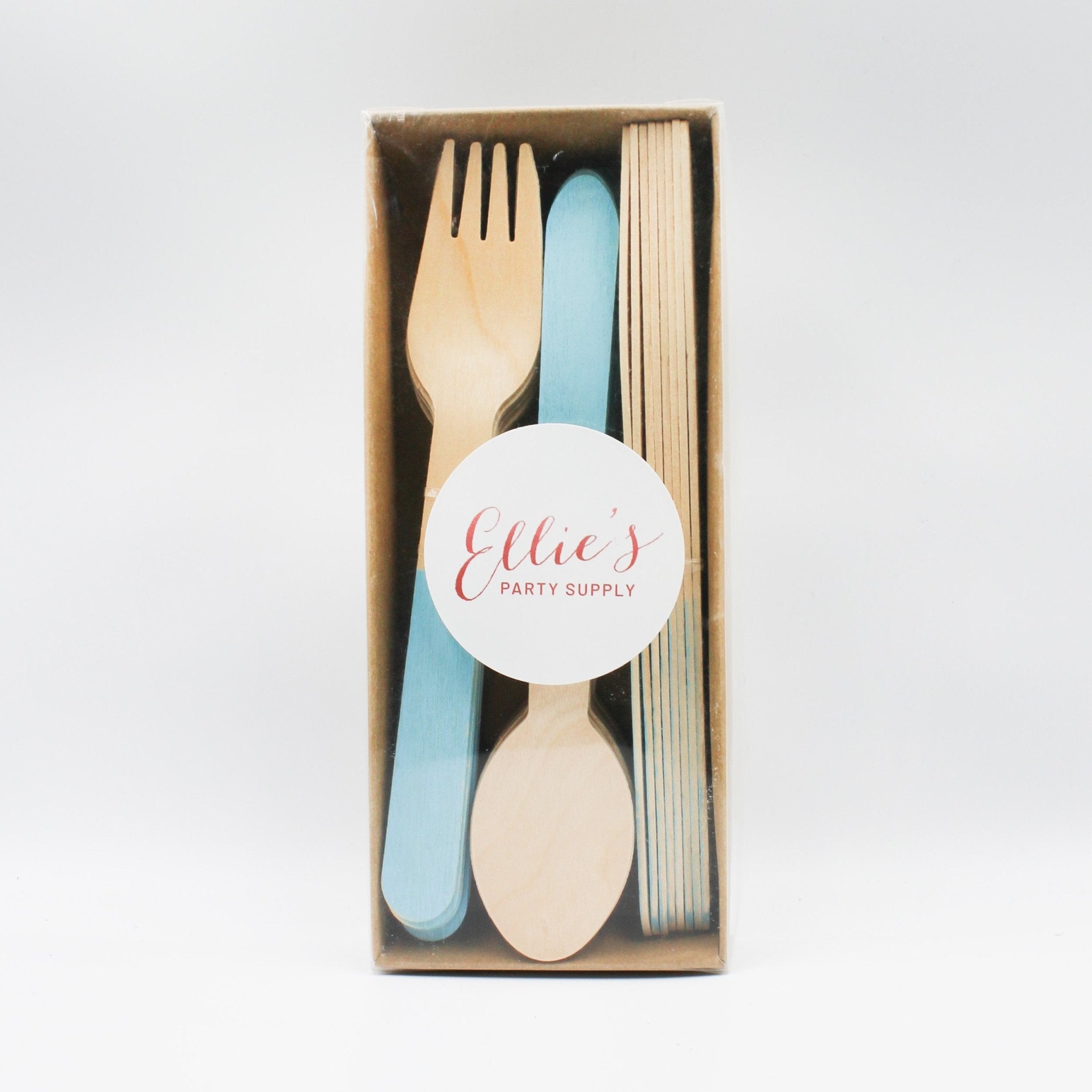 Pastel Blue Wooden Utensils - Spoon, Fork, Knife (Set of 24) - Ellie's Party Supply