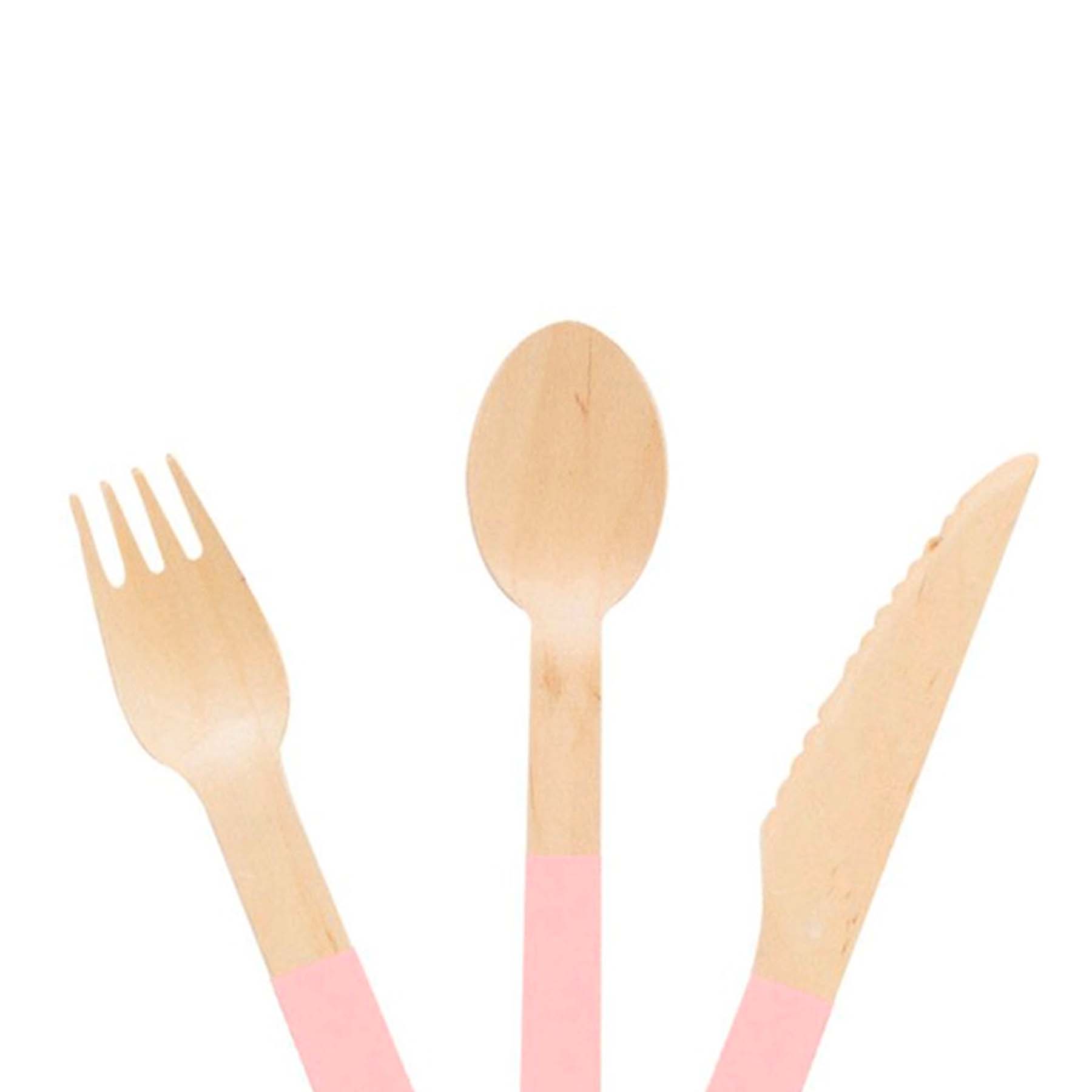 Pastel Pink Wooden Utensils - Spoon, Fork, Knife (Set of 24) - Ellie's Party Supply