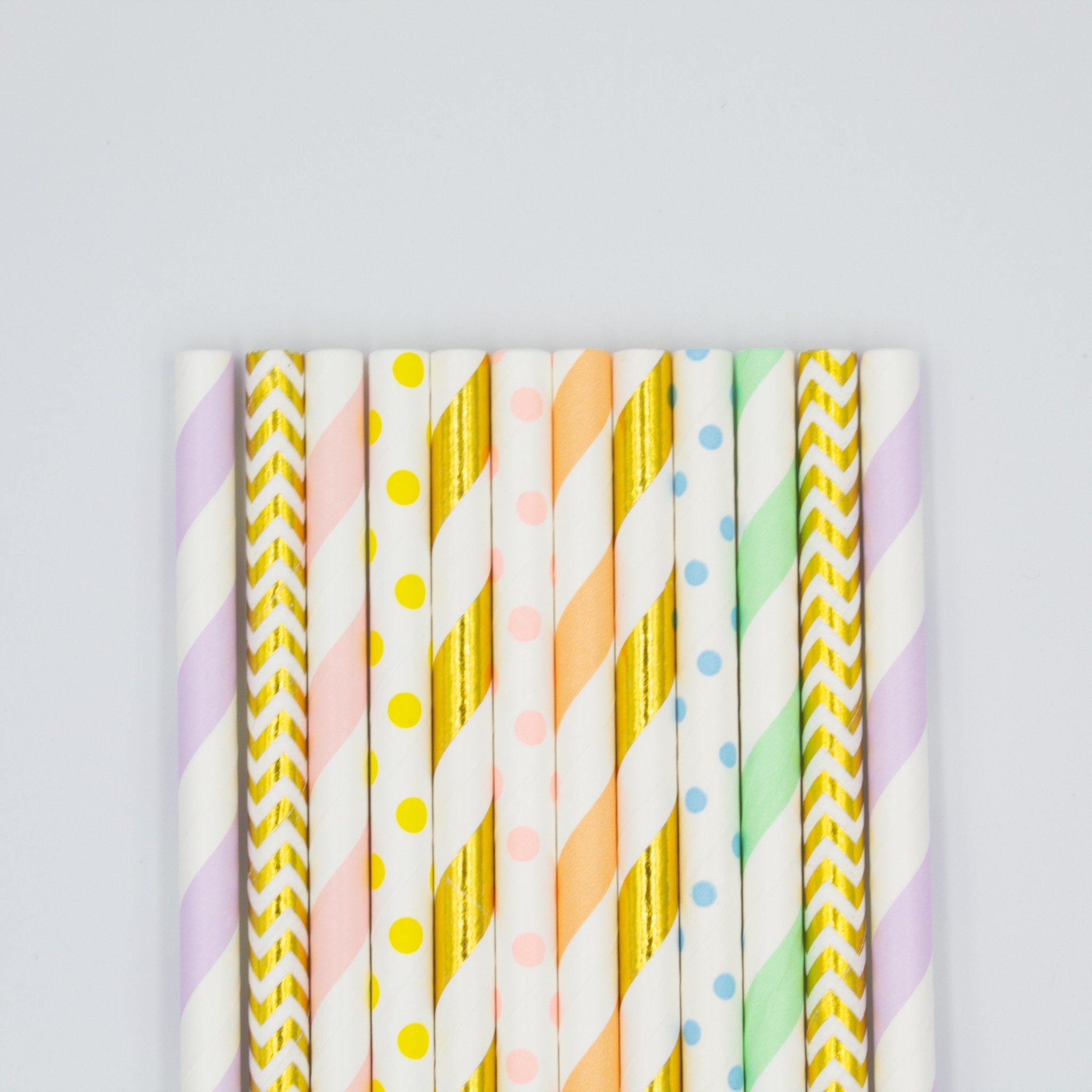 Pastel Rainbow Paper Straws in Pink, Orange, Yellow, Green, Blue, Purple, Gold (Set of 12) - Ellie's Party Supply