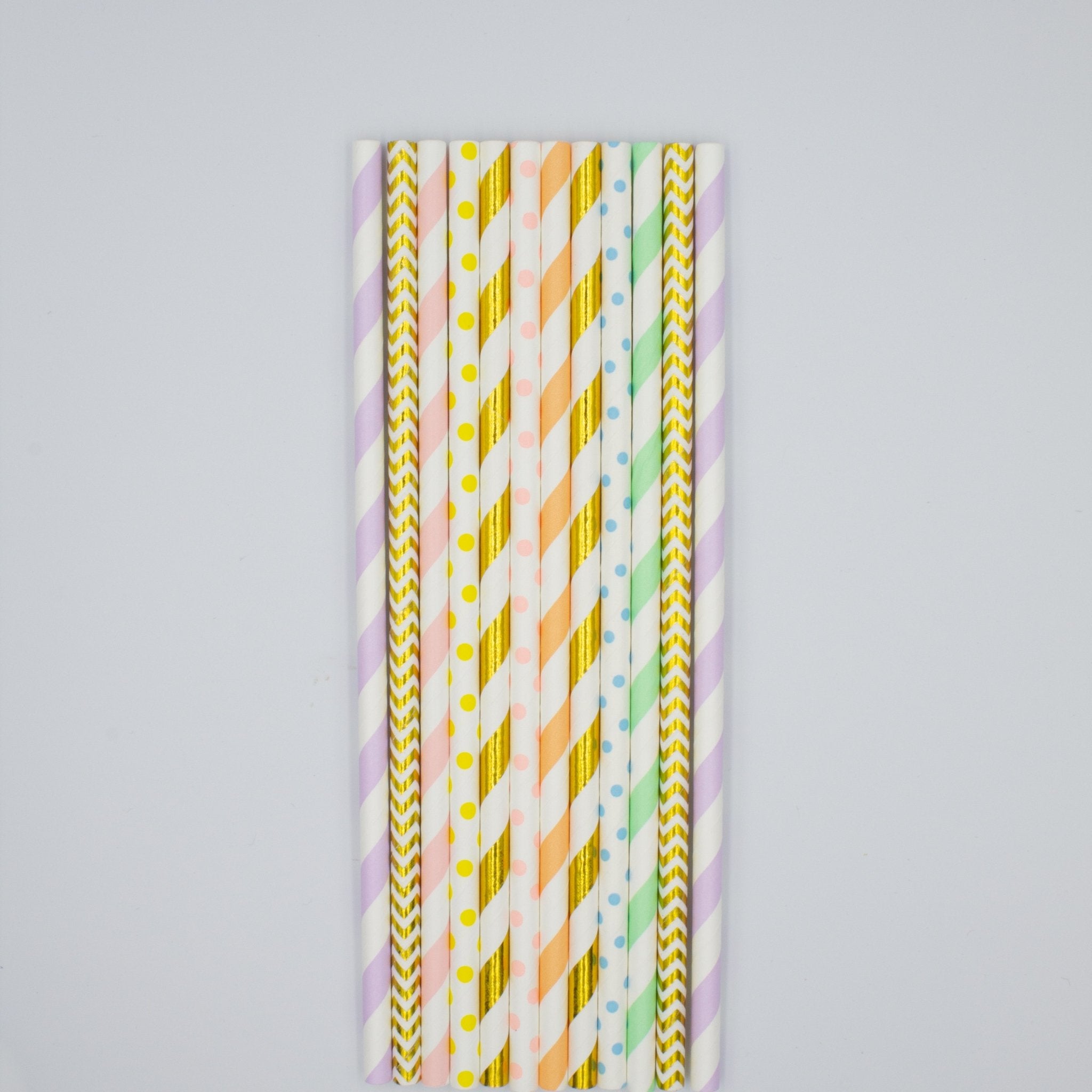 Pastel Rainbow Paper Straws in Pink, Orange, Yellow, Green, Blue, Purple, Gold (Set of 12) - Ellie's Party Supply