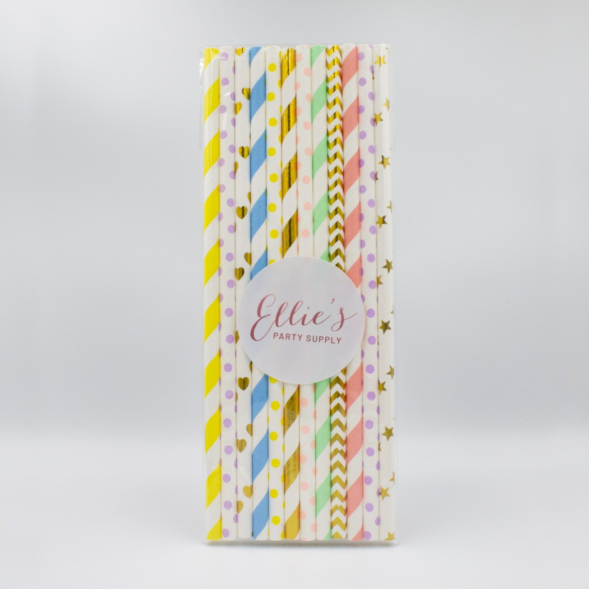 Pastel Rainbow Paper Straws in Pink, Orange, Yellow, Green, Blue, Purple, Gold (Set of 12) - Ellie's Party Supply