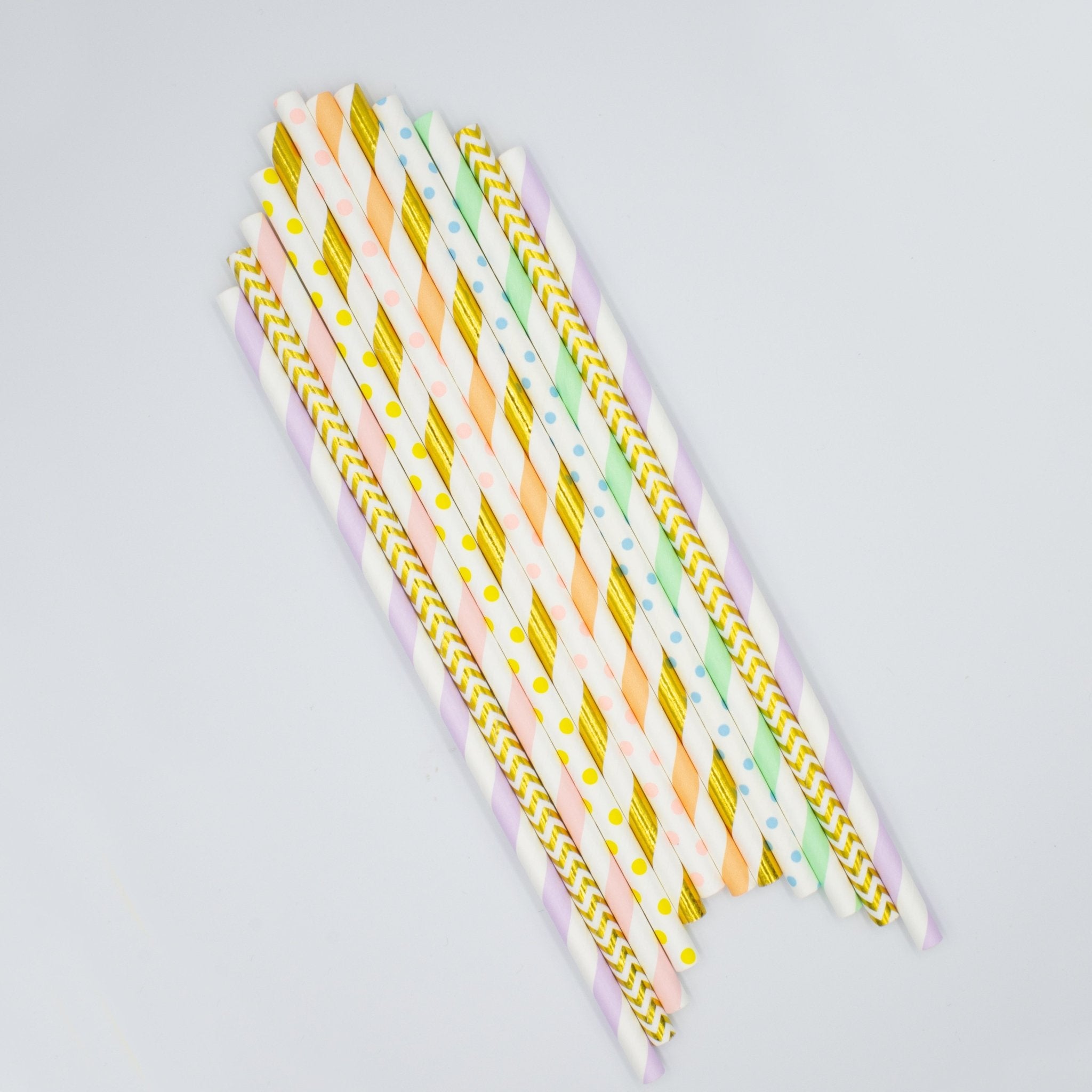 Pastel Rainbow Paper Straws in Pink, Orange, Yellow, Green, Blue, Purple, Gold (Set of 12) - Ellie's Party Supply