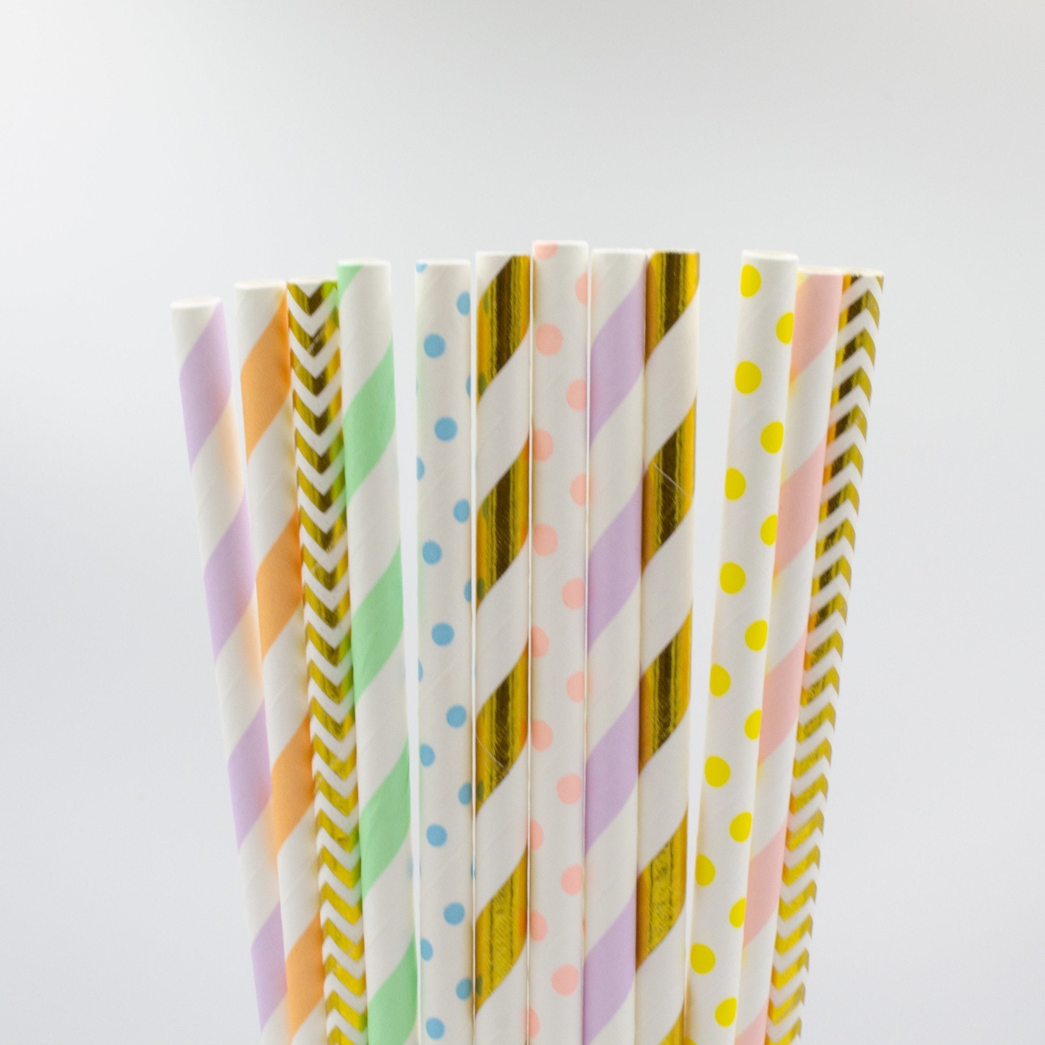 Pastel Rainbow Paper Straws in Pink, Orange, Yellow, Green, Blue, Purple, Gold (Set of 12) - Ellie's Party Supply