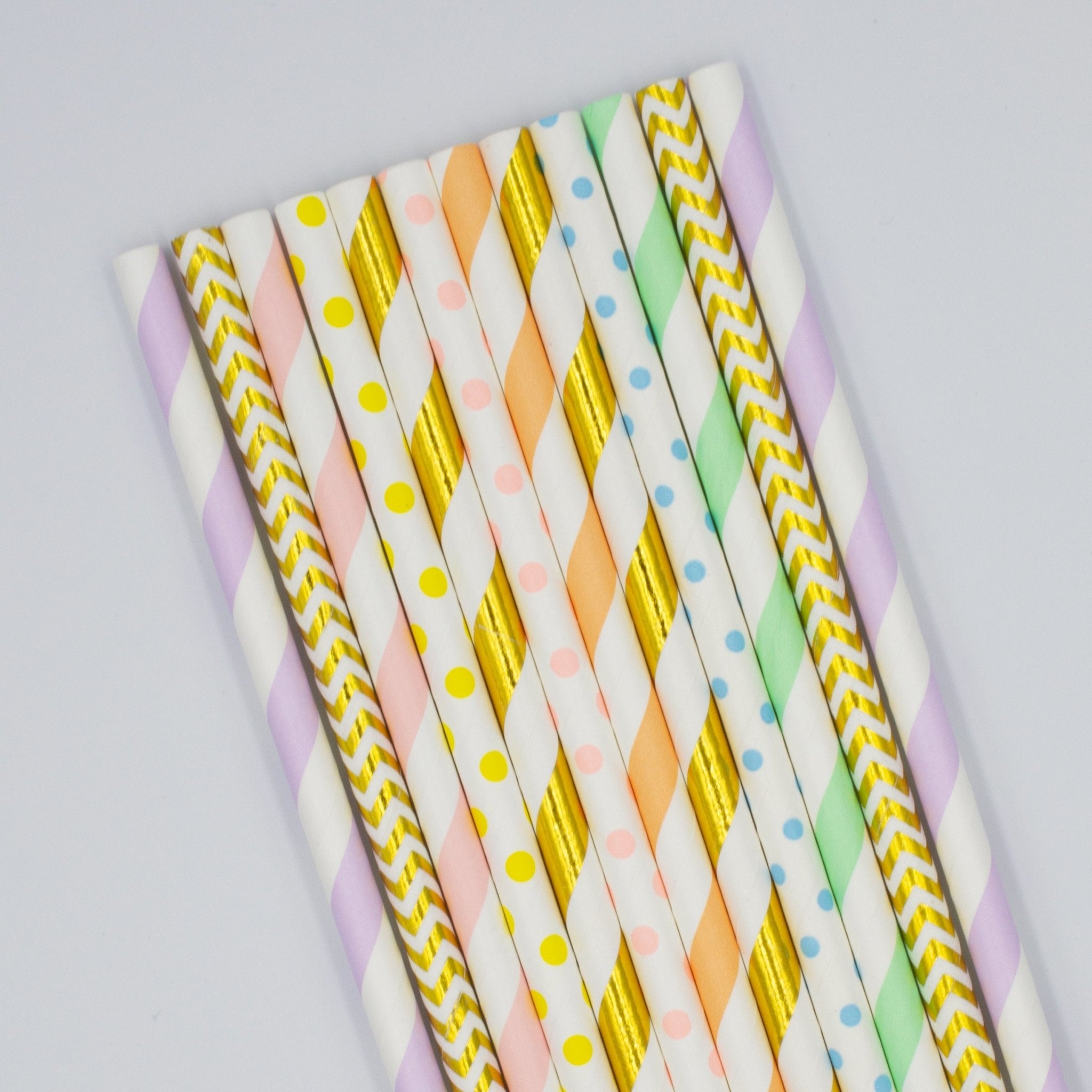 Pastel Rainbow Paper Straws in Pink, Orange, Yellow, Green, Blue, Purple, Gold (Set of 12) - Ellie's Party Supply