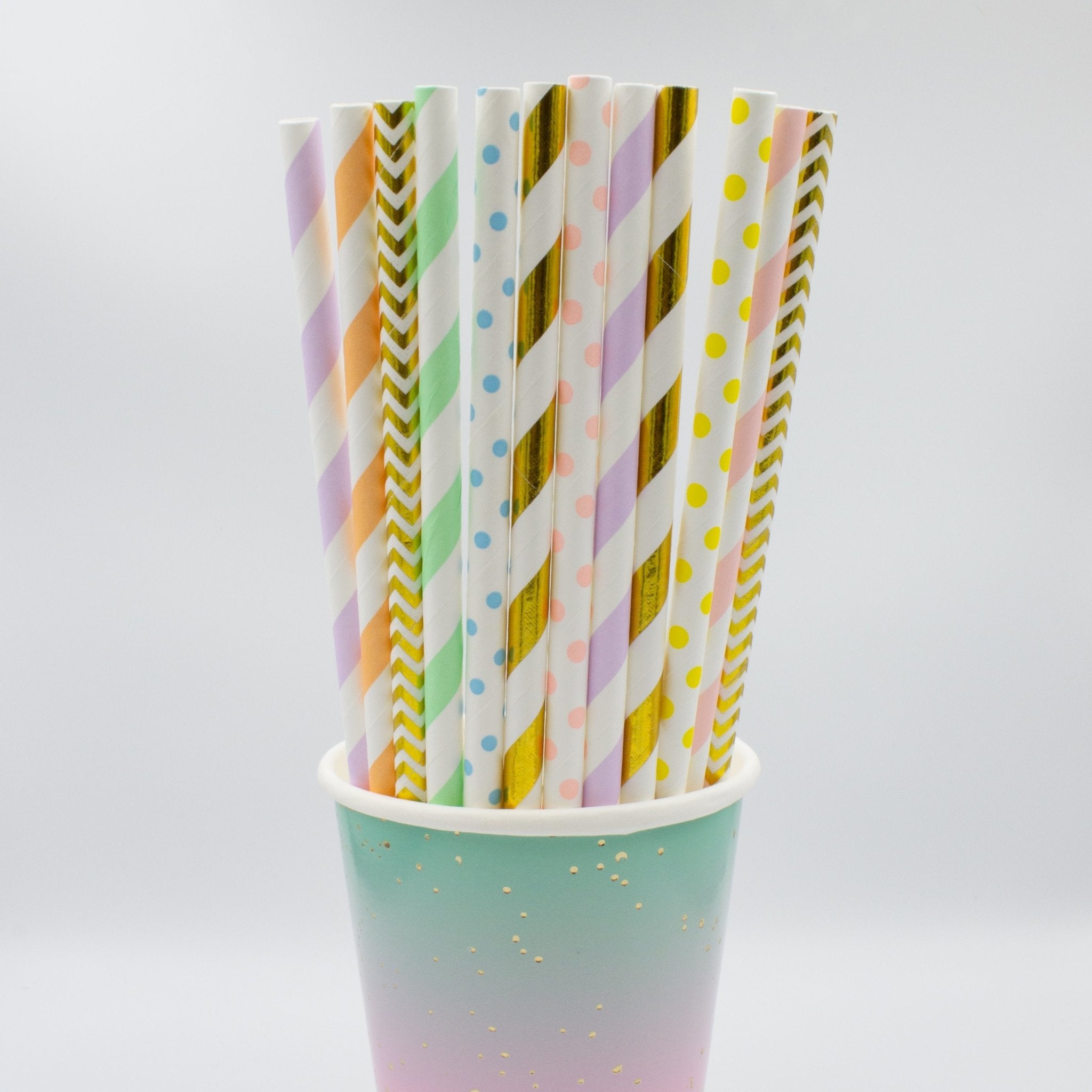 Pastel Rainbow Paper Straws in Pink, Orange, Yellow, Green, Blue, Purple, Gold (Set of 12) - Ellie's Party Supply