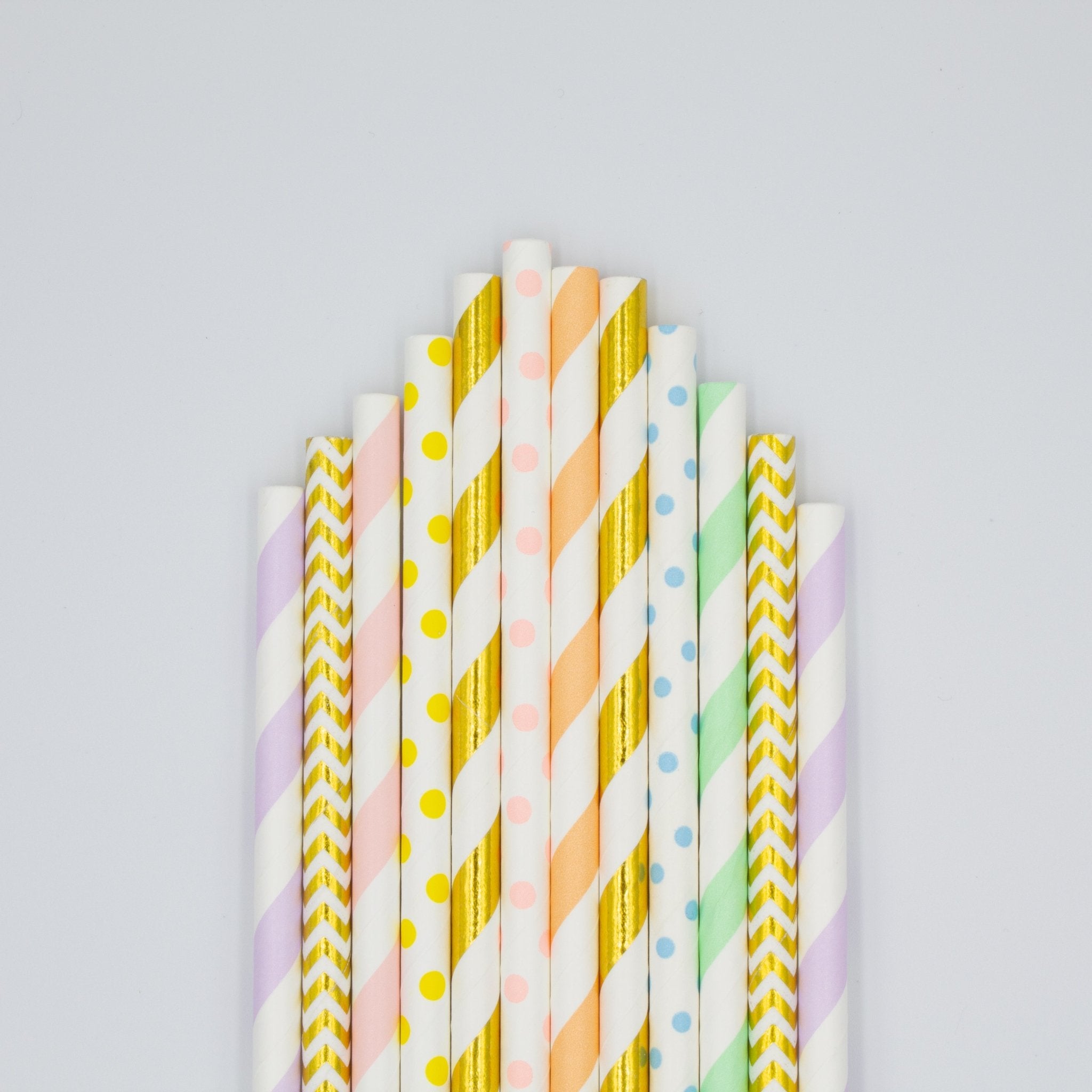 Pastel Rainbow Paper Straws in Pink, Orange, Yellow, Green, Blue, Purple, Gold (Set of 12) - Ellie's Party Supply