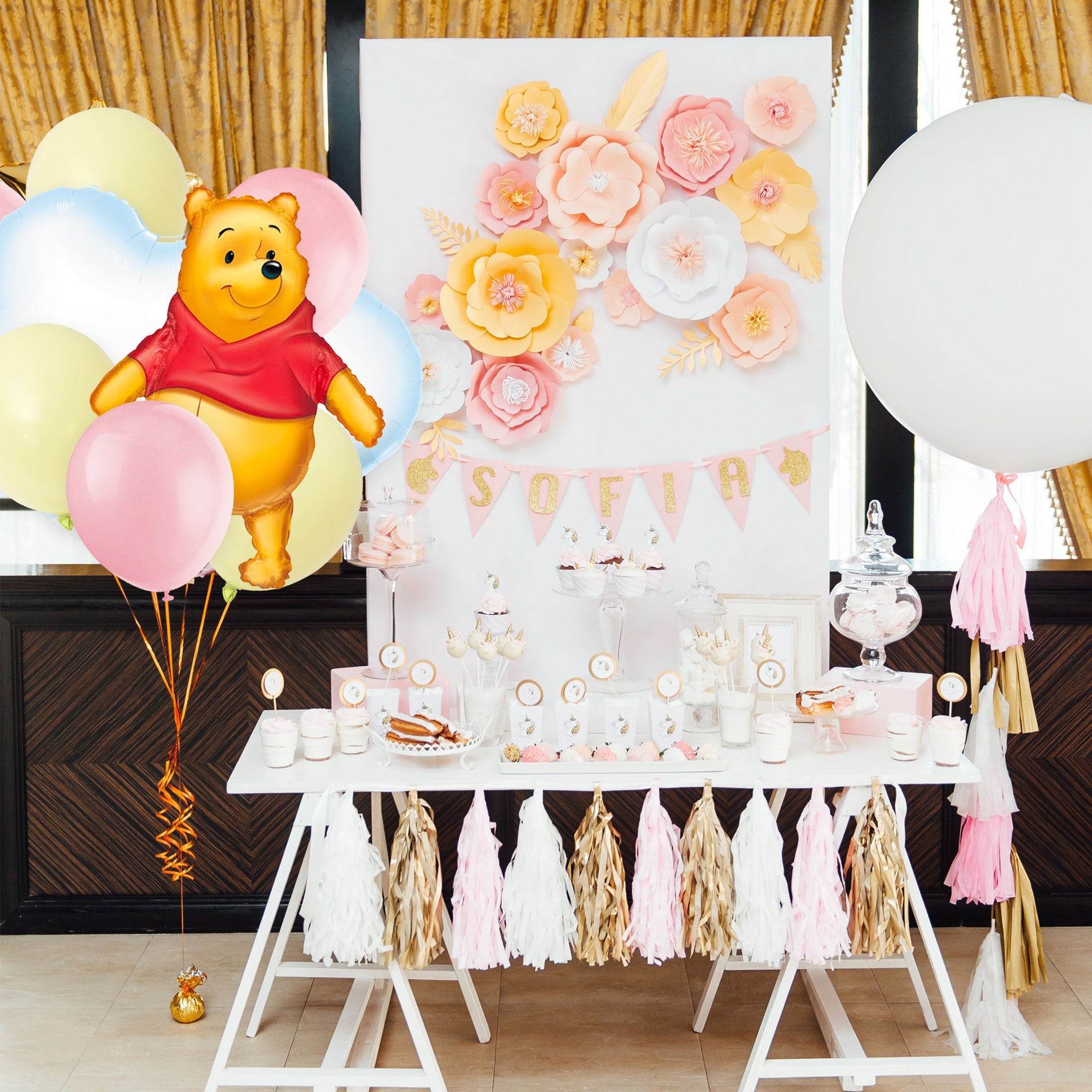 Pink and Yellow Classic Pooh Pastel Baby Shower Balloon Bouquet - Ellie's Party Supply