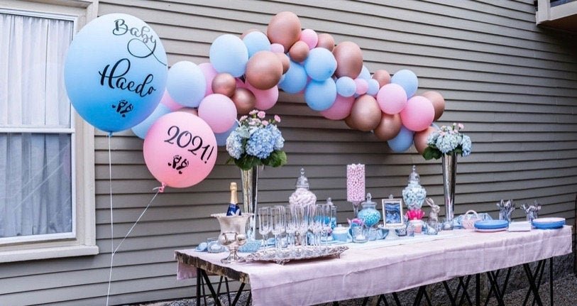 Rose Gold Gender Reveal Balloon Garland Kit from Ellie's Party Supply