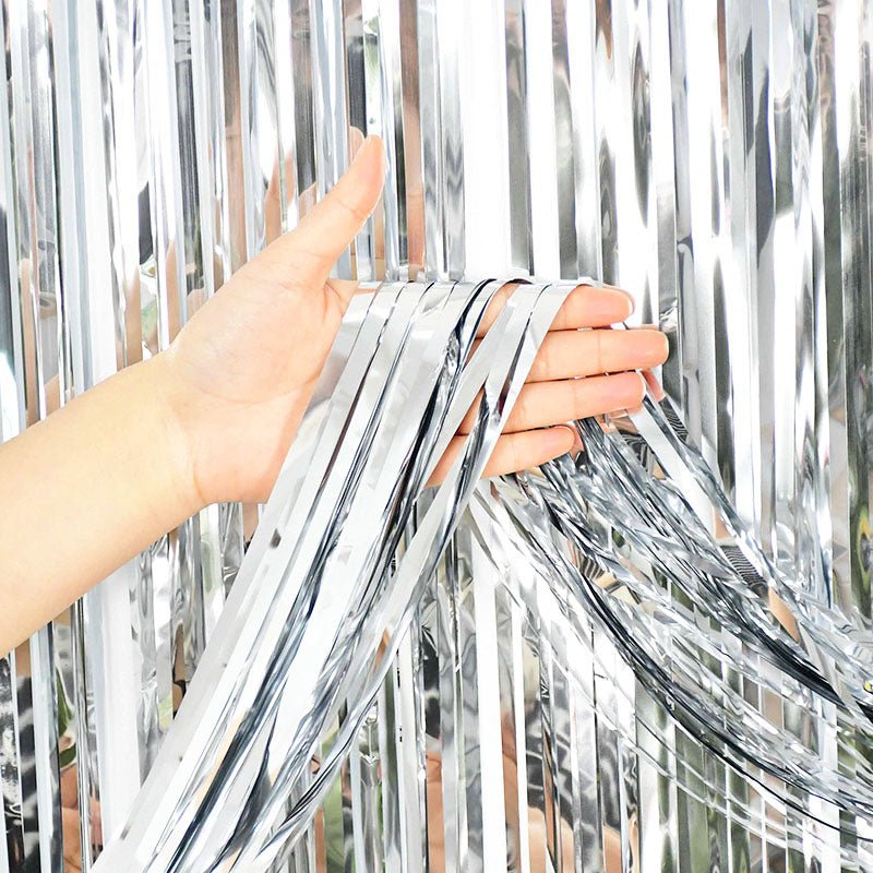 Silver Metallic Fringe Tinsel Curtain Backdrop - Ellie's Party Supply