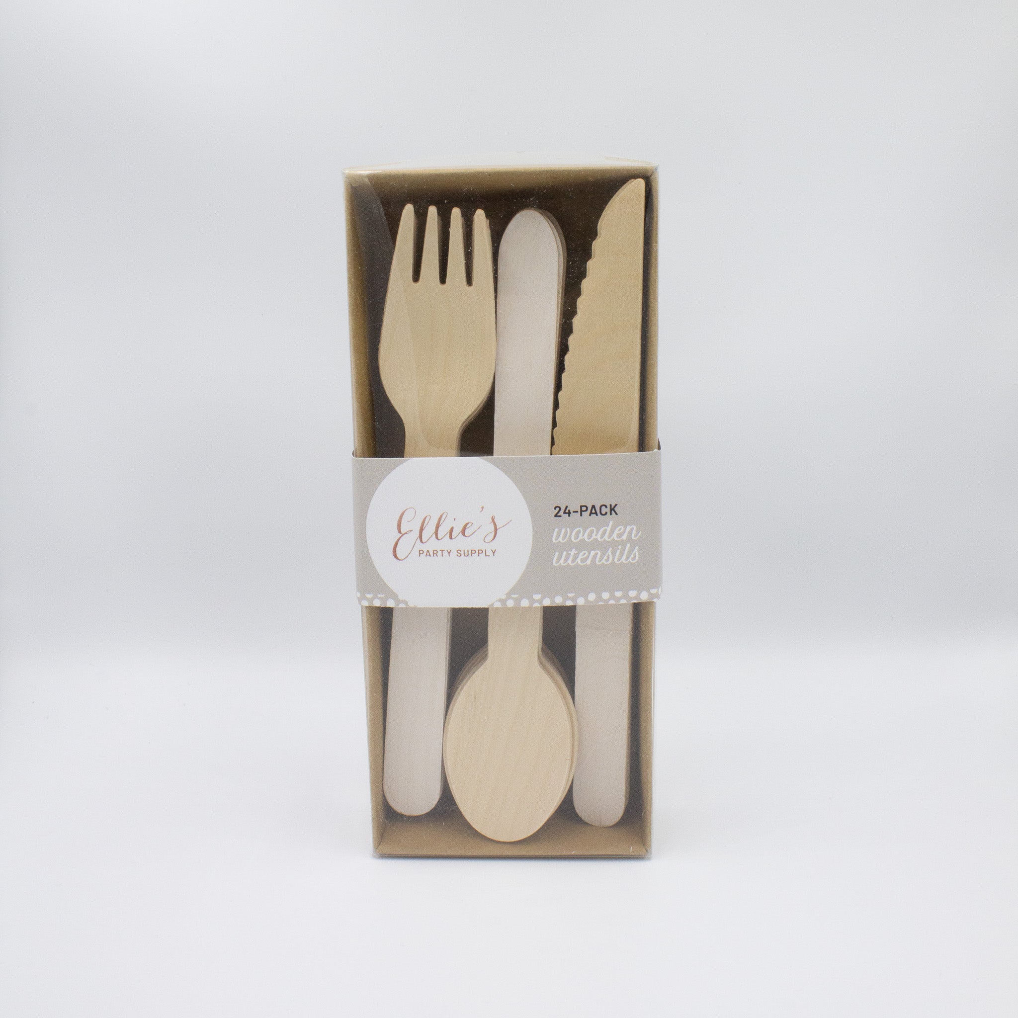 White Wooden Utensils - Spoon, Fork, Knife (Set of 24) - Ellie's Party Supply